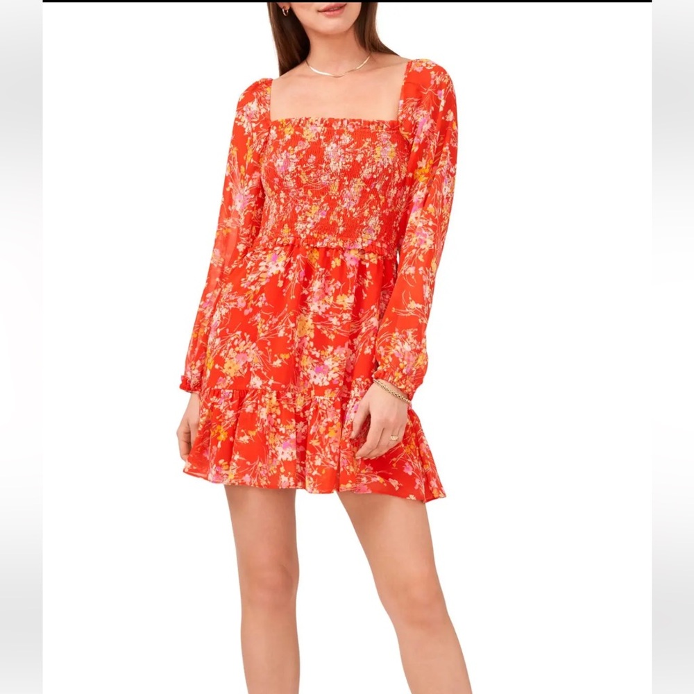 🌸 NWT 1. STATE Orange Red Floral Long Sleeve Mini Dress – Size M - Retails $99 🌸